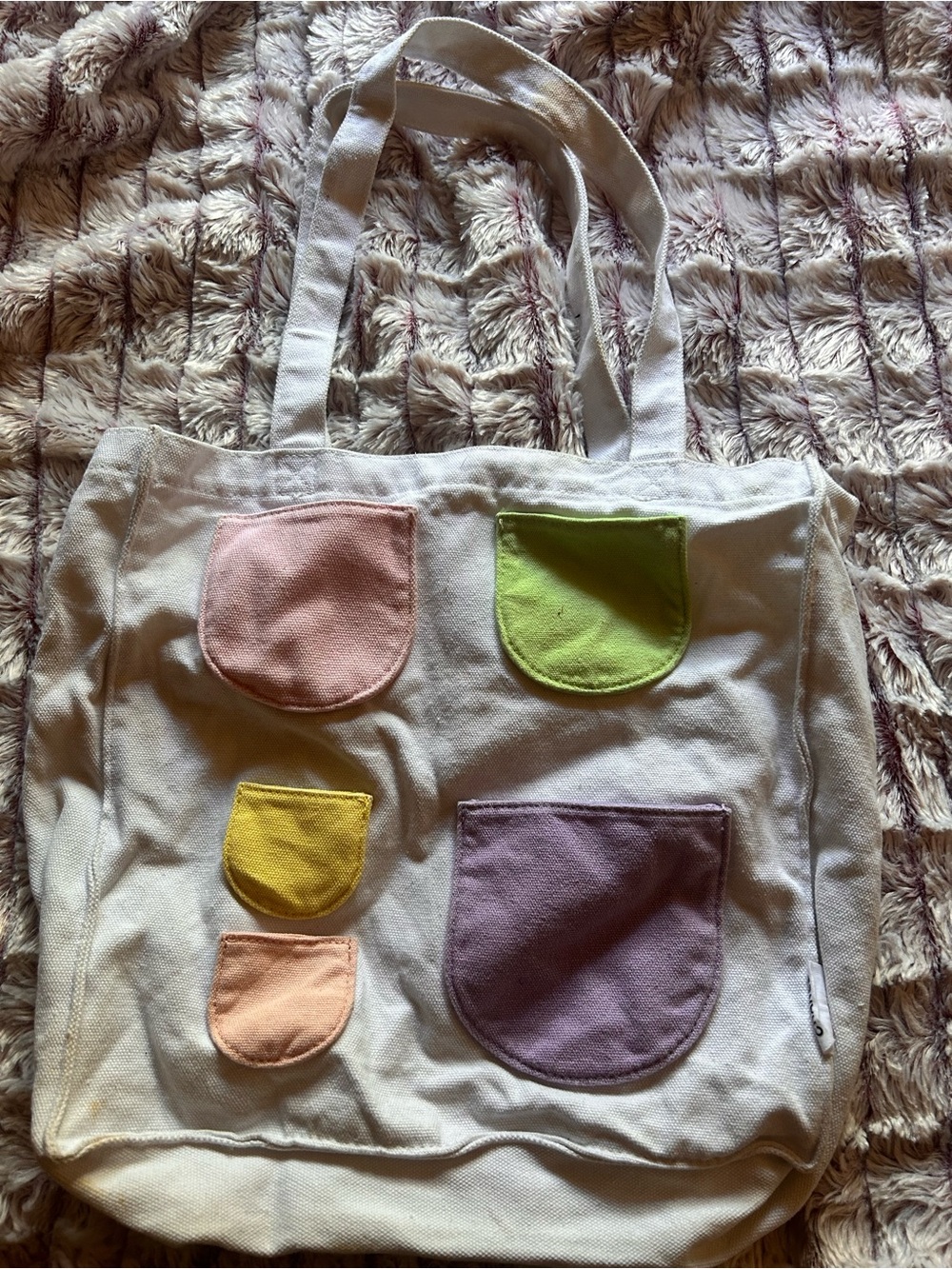 White Canvas Tote with Pastel Pocket Accents - Casual Everyday Bag